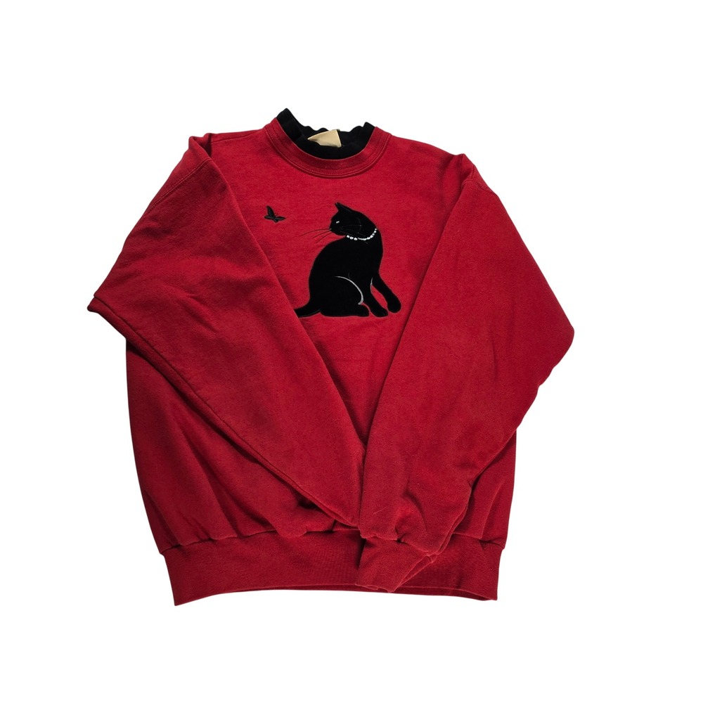 Top Stitch by Morning Sun Red‎ Black Cat Bird Pearl Collar Sweatshirt Women M